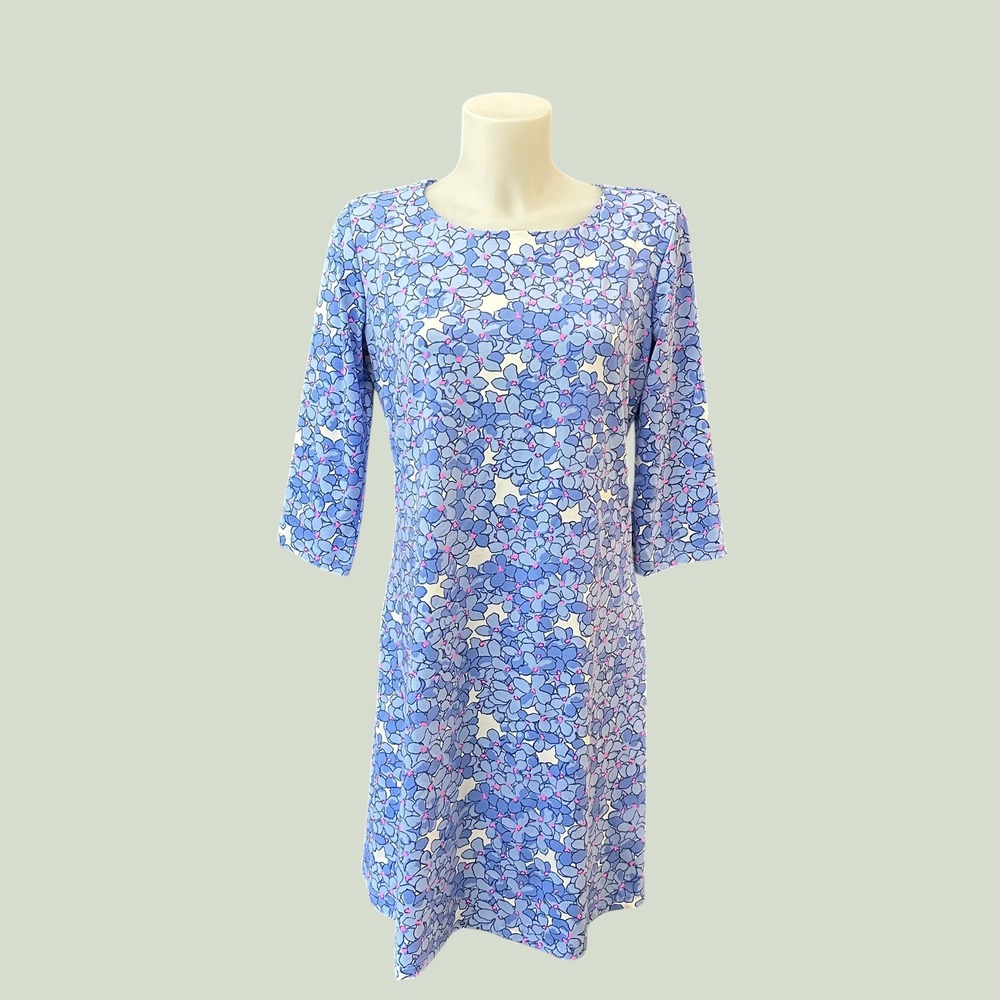 Mahi Gold Blue Parade Of Petals Stretch Wrinkle Resist 3/4 Sleeve Shift Dress -L